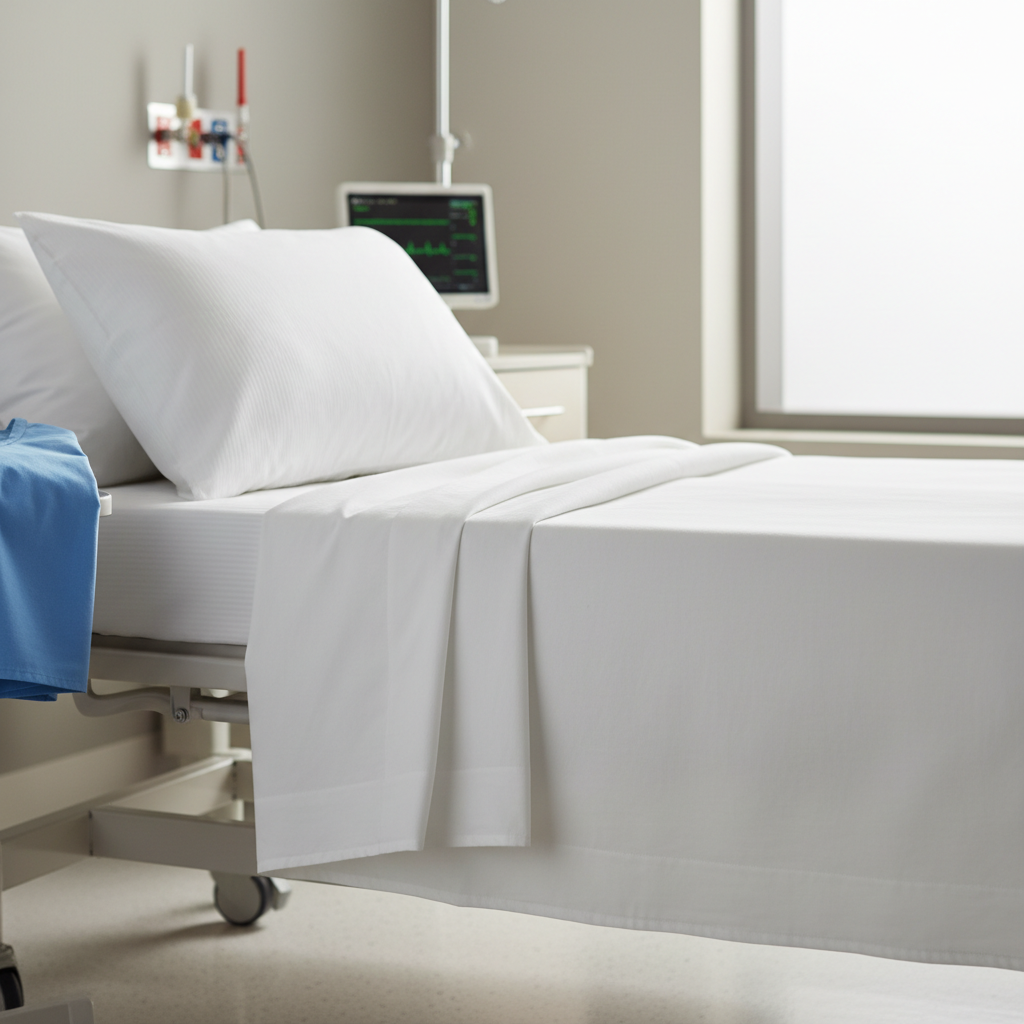 hospital bedding, clean and professional, suitable for healthcare environments